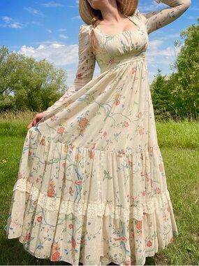 Gunne Sax Vintage 1970’s Ivory Floral Bird Print Maxi Prairie Dress Size 9
